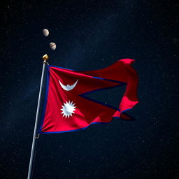A stunning image that features the flag of Nepal prominently in the foreground, with a starry night sky filled with countless stars and celestial bodies in the background