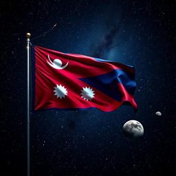 A stunning image that features the flag of Nepal prominently in the foreground, with a starry night sky filled with countless stars and celestial bodies in the background