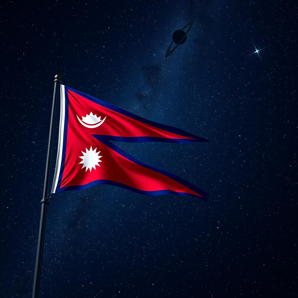 A stunning image that features the flag of Nepal prominently in the foreground, with a starry night sky filled with countless stars and celestial bodies in the background