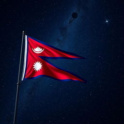 A stunning image that features the flag of Nepal prominently in the foreground, with a starry night sky filled with countless stars and celestial bodies in the background