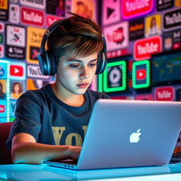 A focused young male YouTuber wearing stylish headphones, intently working on a sleek Apple laptop