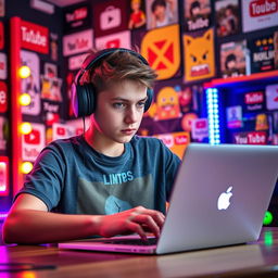 A focused young male YouTuber wearing stylish headphones, intently working on a sleek Apple laptop