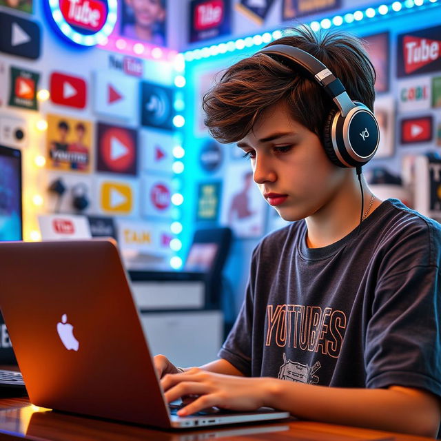 A focused young male YouTuber wearing stylish headphones, intently working on a sleek Apple laptop