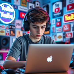 A focused young male YouTuber wearing stylish headphones, intently working on a sleek Apple laptop