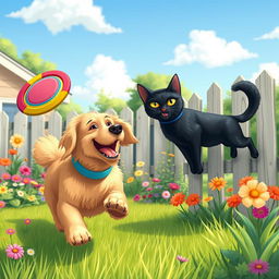 A heartwarming scene depicting an unlikely friendship between a golden retriever named Max and a sleek black cat named Whiskers