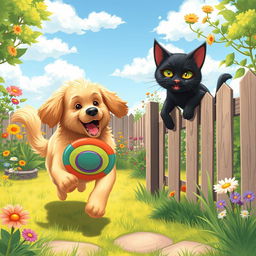 A heartwarming scene depicting an unlikely friendship between a golden retriever named Max and a sleek black cat named Whiskers