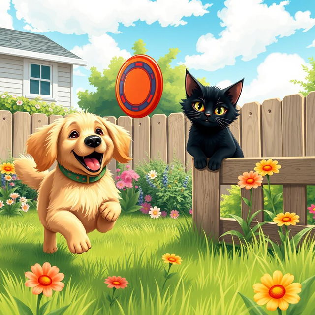 A heartwarming scene depicting an unlikely friendship between a golden retriever named Max and a sleek black cat named Whiskers