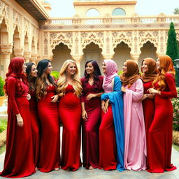 Ten elegant Arab women, each showcasing a different hair color that adds vibrant diversity to the group: fiery red, deep chestnut, jet black, golden blonde, rich auburn, soft caramel, bright purple, pastel pink, deep blue, and warm honey