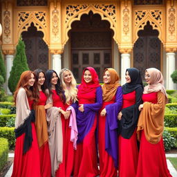 Ten elegant Arab women, each showcasing a different hair color that adds vibrant diversity to the group: fiery red, deep chestnut, jet black, golden blonde, rich auburn, soft caramel, bright purple, pastel pink, deep blue, and warm honey