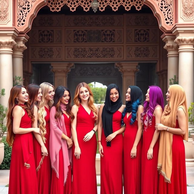 Ten elegant Arab women, each showcasing a different hair color that adds vibrant diversity to the group: fiery red, deep chestnut, jet black, golden blonde, rich auburn, soft caramel, bright purple, pastel pink, deep blue, and warm honey