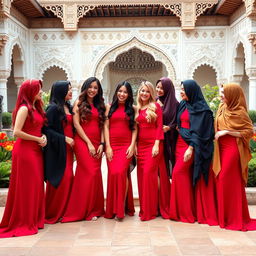 Ten elegant Arab women, each showcasing a different hair color that adds vibrant diversity to the group: fiery red, deep chestnut, jet black, golden blonde, rich auburn, soft caramel, bright purple, pastel pink, deep blue, and warm honey