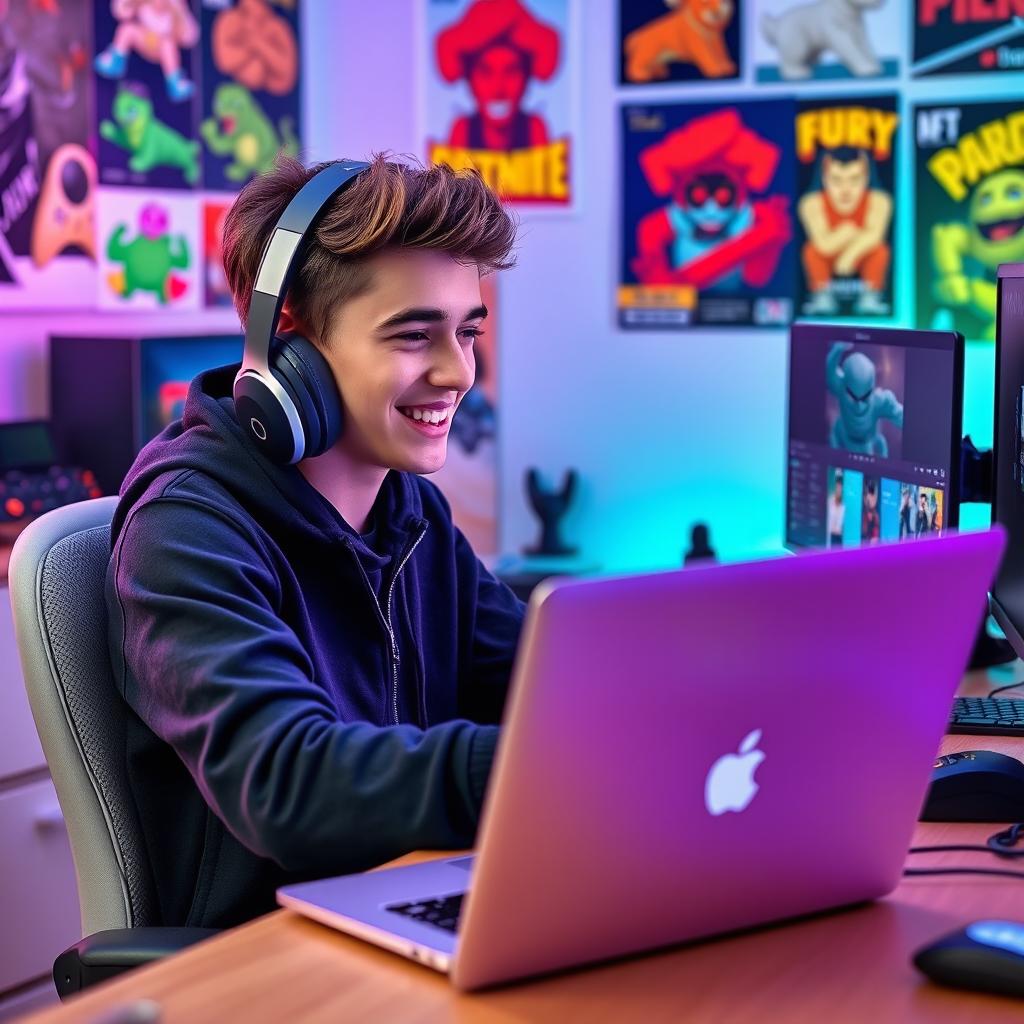 A young male YouTuber sitting in front of a computer desk, wearing stylish headphones, immersed in editing a video on his sleek Apple laptop