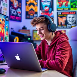 A young male YouTuber sitting in front of a computer desk, wearing stylish headphones, immersed in editing a video on his sleek Apple laptop