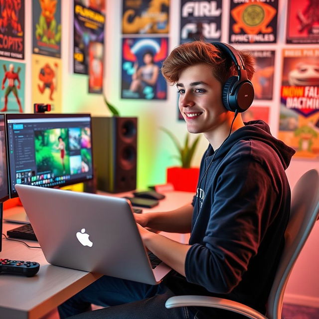 A young male YouTuber sitting in front of a computer desk, wearing stylish headphones, immersed in editing a video on his sleek Apple laptop