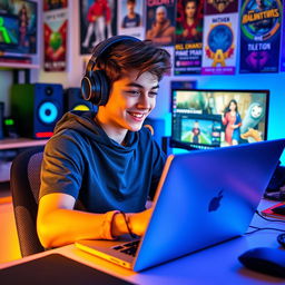 A young male YouTuber sitting in front of a computer desk, wearing stylish headphones, immersed in editing a video on his sleek Apple laptop