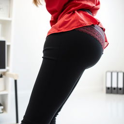 An extreme close-up of a round booty bending over a desk, showcasing a flattering angle