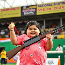 A chubby girl weighing 68kg and standing 157cm tall, celebrating her achievement by proudly holding a gold medal in one hand