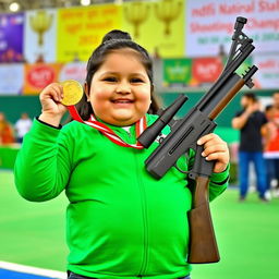 A chubby girl weighing 68kg and standing 157cm tall, celebrating her achievement by proudly holding a gold medal in one hand
