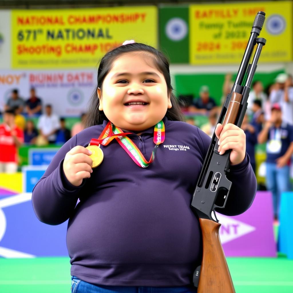 A chubby girl weighing 68kg and standing 157cm tall, celebrating her achievement by proudly holding a gold medal in one hand