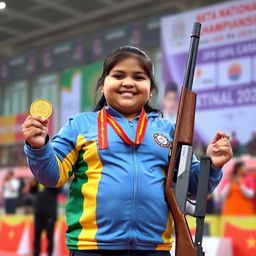 A chubby girl weighing 68kg and standing 157cm tall, celebrating her achievement by proudly holding a gold medal in one hand