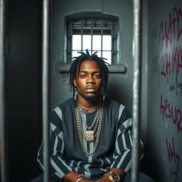 A realistic portrait of a rapper resembling Young Thug sitting in a jail cell, wearing a stylish prison outfit