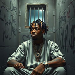 A realistic portrait of a rapper resembling Young Thug sitting in a jail cell, wearing a stylish prison outfit