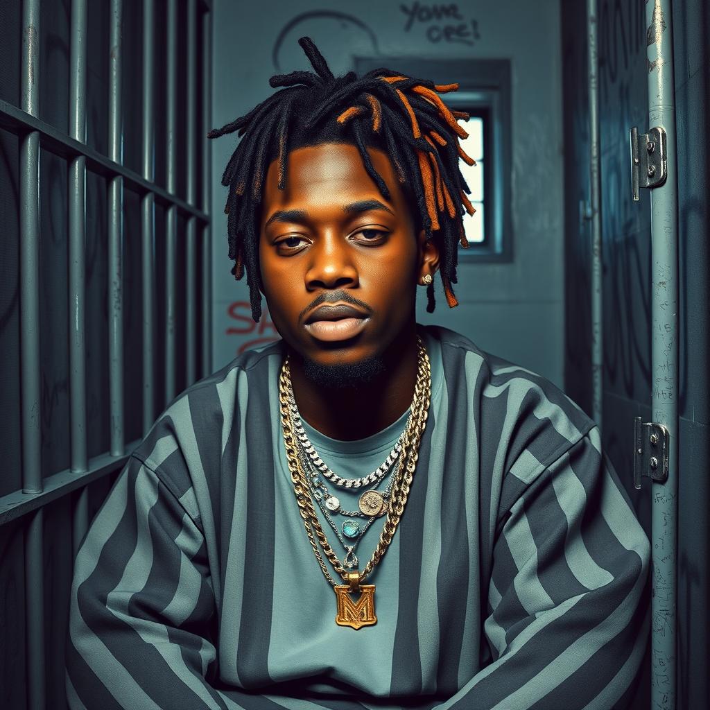 A realistic portrait of a rapper resembling Young Thug sitting in a jail cell, wearing a stylish prison outfit