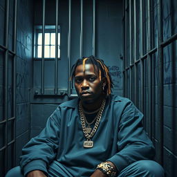 A realistic portrait of a rapper resembling Young Thug sitting in a jail cell, wearing a stylish prison outfit