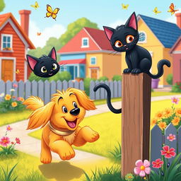 A whimsical and cheerful scene depicting Max the golden retriever and Whiskers the sleek black cat in a vibrant neighborhood setting