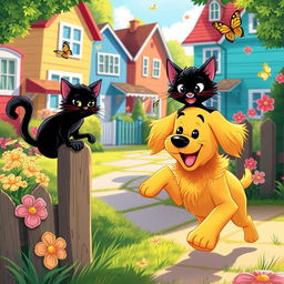 A whimsical and cheerful scene depicting Max the golden retriever and Whiskers the sleek black cat in a vibrant neighborhood setting