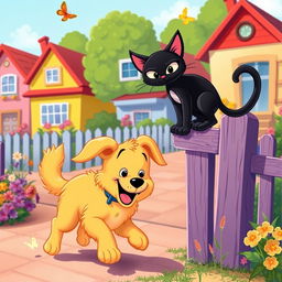 A whimsical and cheerful scene depicting Max the golden retriever and Whiskers the sleek black cat in a vibrant neighborhood setting