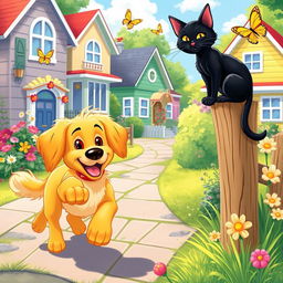 A whimsical and cheerful scene depicting Max the golden retriever and Whiskers the sleek black cat in a vibrant neighborhood setting