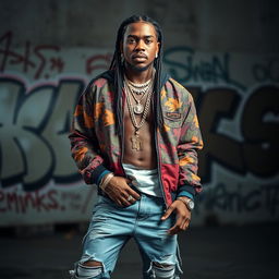 A portrait of a charismatic rapper, embodying a confident and stylish persona