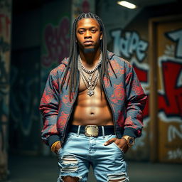 A portrait of a charismatic rapper, embodying a confident and stylish persona