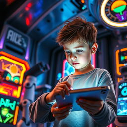 A young boy exploring advanced technology in a futuristic setting, surrounded by holographic displays, robotics, and interactive gadgets