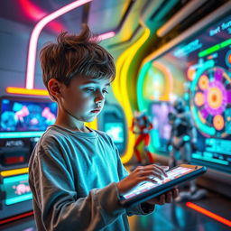 A young boy exploring advanced technology in a futuristic setting, surrounded by holographic displays, robotics, and interactive gadgets
