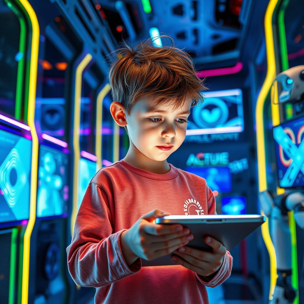 A young boy exploring advanced technology in a futuristic setting, surrounded by holographic displays, robotics, and interactive gadgets