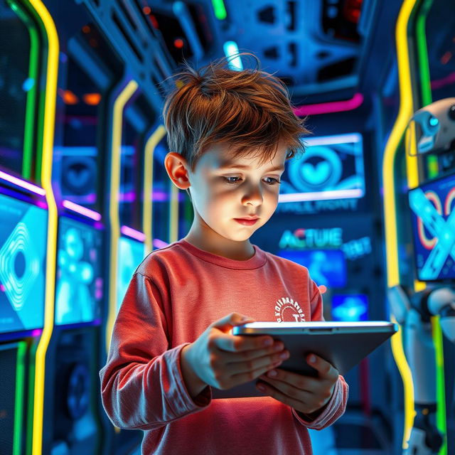 A young boy exploring advanced technology in a futuristic setting, surrounded by holographic displays, robotics, and interactive gadgets