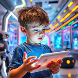 A young boy exploring advanced technology in a futuristic setting, surrounded by holographic displays, robotics, and interactive gadgets