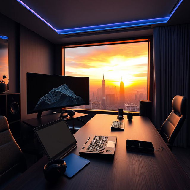 A stylish, futuristic tech workspace designed for a modern man, featuring a sleek, high-end computer setup with dual monitors, minimalist furniture, and ambient LED lighting