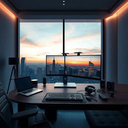 A stylish, futuristic tech workspace designed for a modern man, featuring a sleek, high-end computer setup with dual monitors, minimalist furniture, and ambient LED lighting