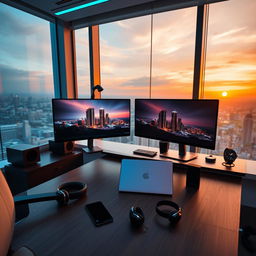 A stylish, futuristic tech workspace designed for a modern man, featuring a sleek, high-end computer setup with dual monitors, minimalist furniture, and ambient LED lighting