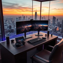 A stylish, futuristic tech workspace designed for a modern man, featuring a sleek, high-end computer setup with dual monitors, minimalist furniture, and ambient LED lighting
