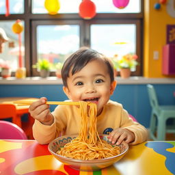 A young child sitting at a colorful table, happily eating noodles with chopsticks