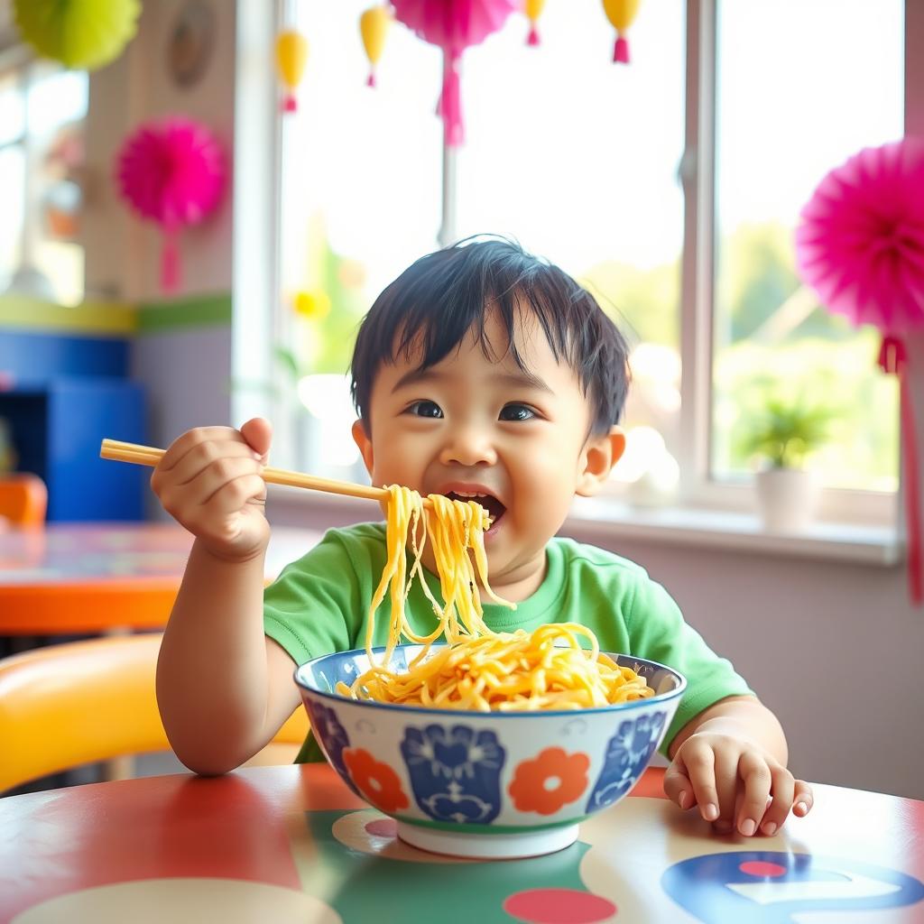 A young child sitting at a colorful table, happily eating noodles with chopsticks