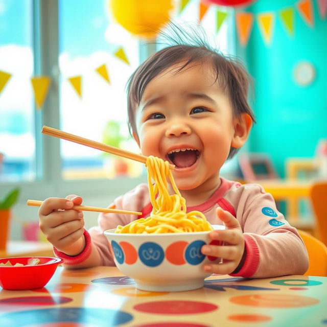 A young child sitting at a colorful table, happily eating noodles with chopsticks