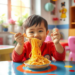 A young child sitting at a colorful table, happily eating noodles with chopsticks
