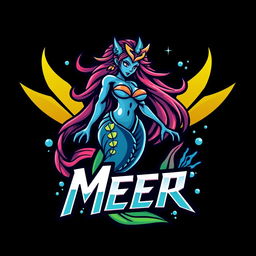A fierce and modern gaming logo featuring a stylized, mythical sea creature resembling a mermaid, with vibrant colors and dynamic lines to convey movement