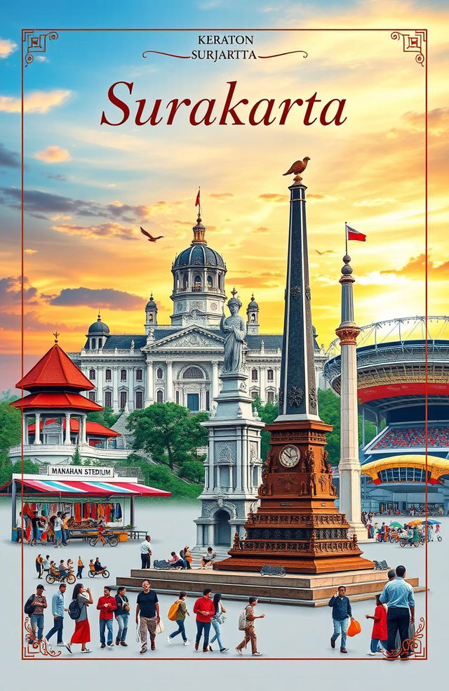 A book cover design featuring the iconic landmarks of Surakarta, Indonesia