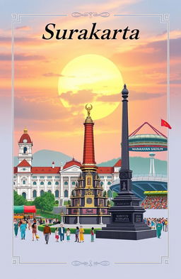 A book cover design featuring the iconic landmarks of Surakarta, Indonesia